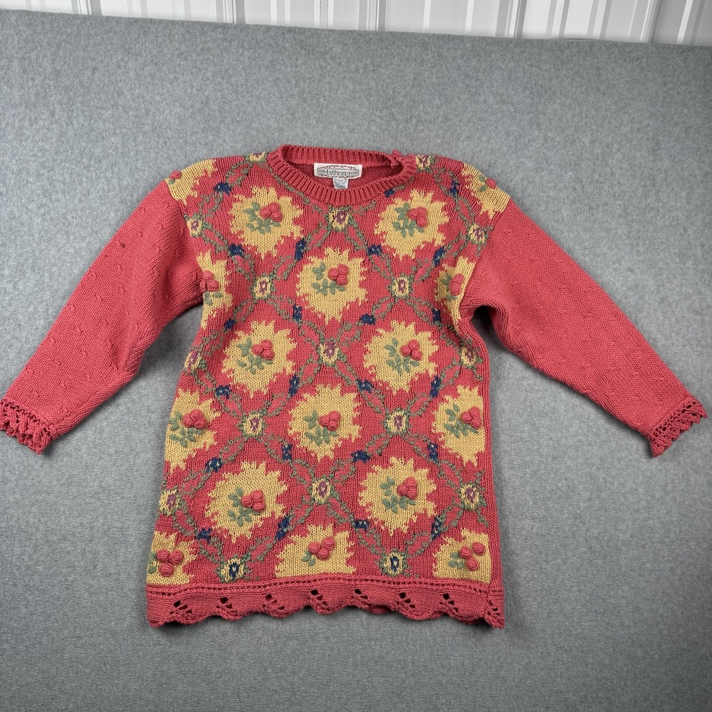 Melbourne Country Sweater Womens Small Pink Floral Popcorn Knit Vintage Granny